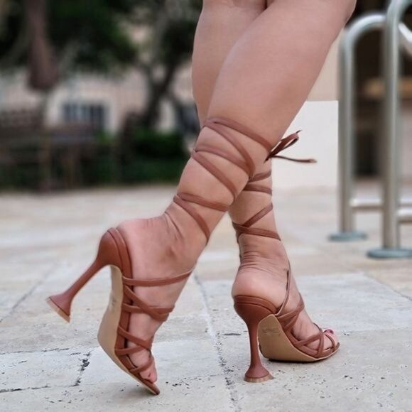 Women's Brown Strappy Pyramid Heel Gladiator Sandals - Picture 4 of 6